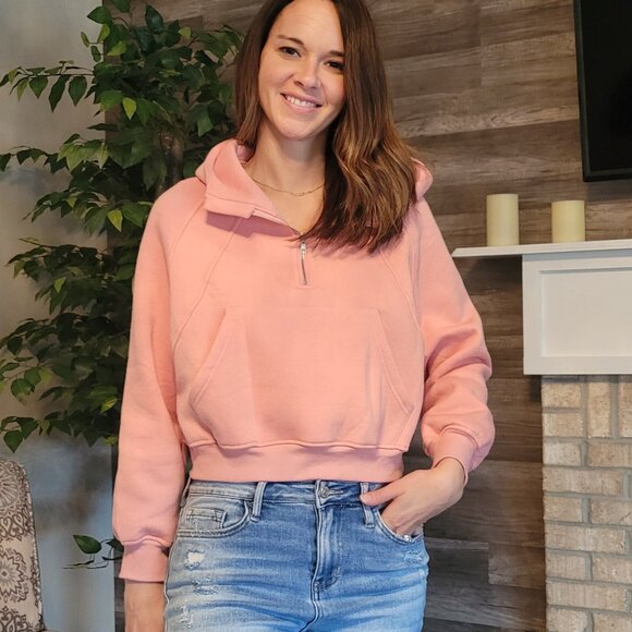Double Take Tops - Double Take Pink Half-Zip Thumbhole Sleeve Cropped Hoodie
